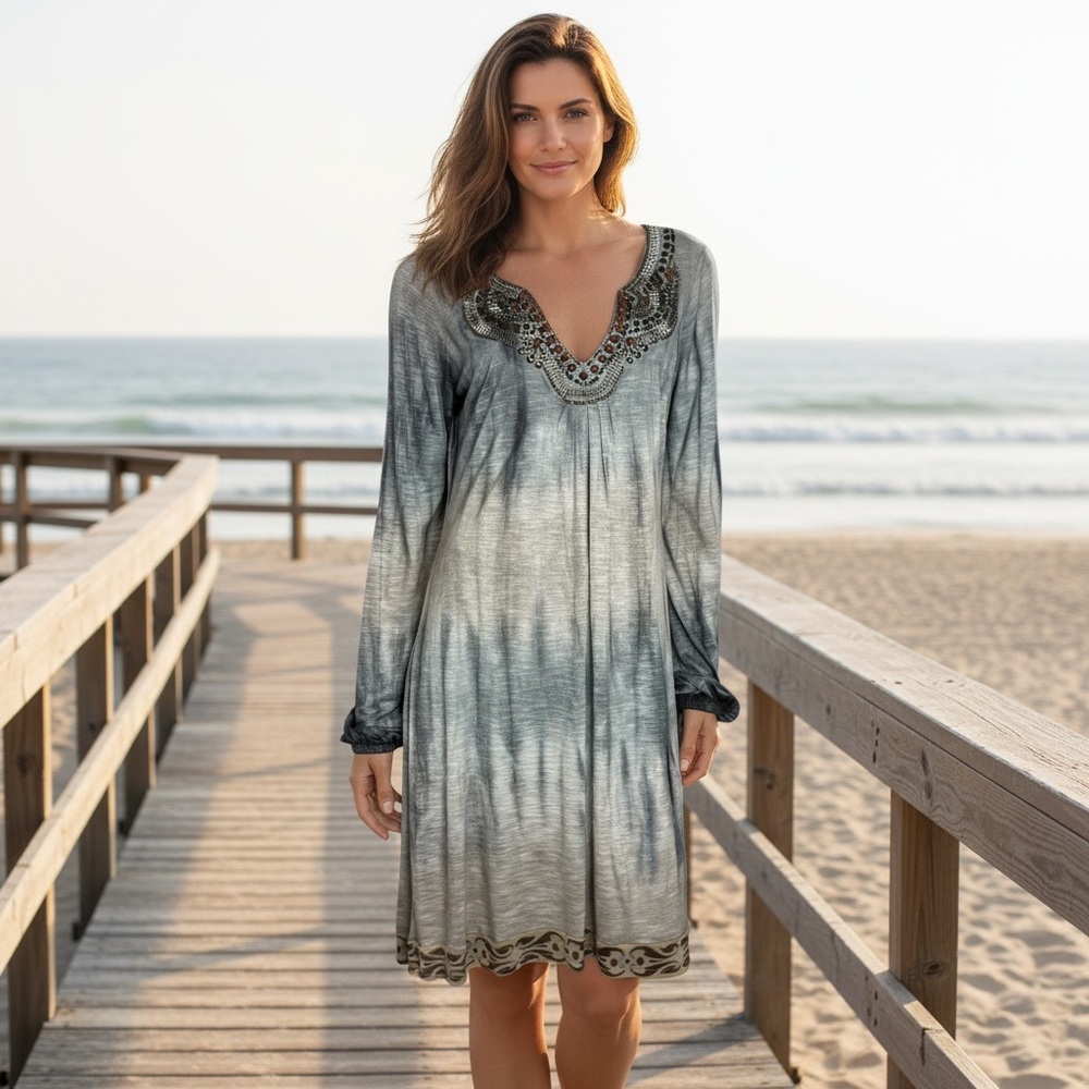 Hale Bob Gray and Blue Tie-Dye Long Sleeve Midi Dress